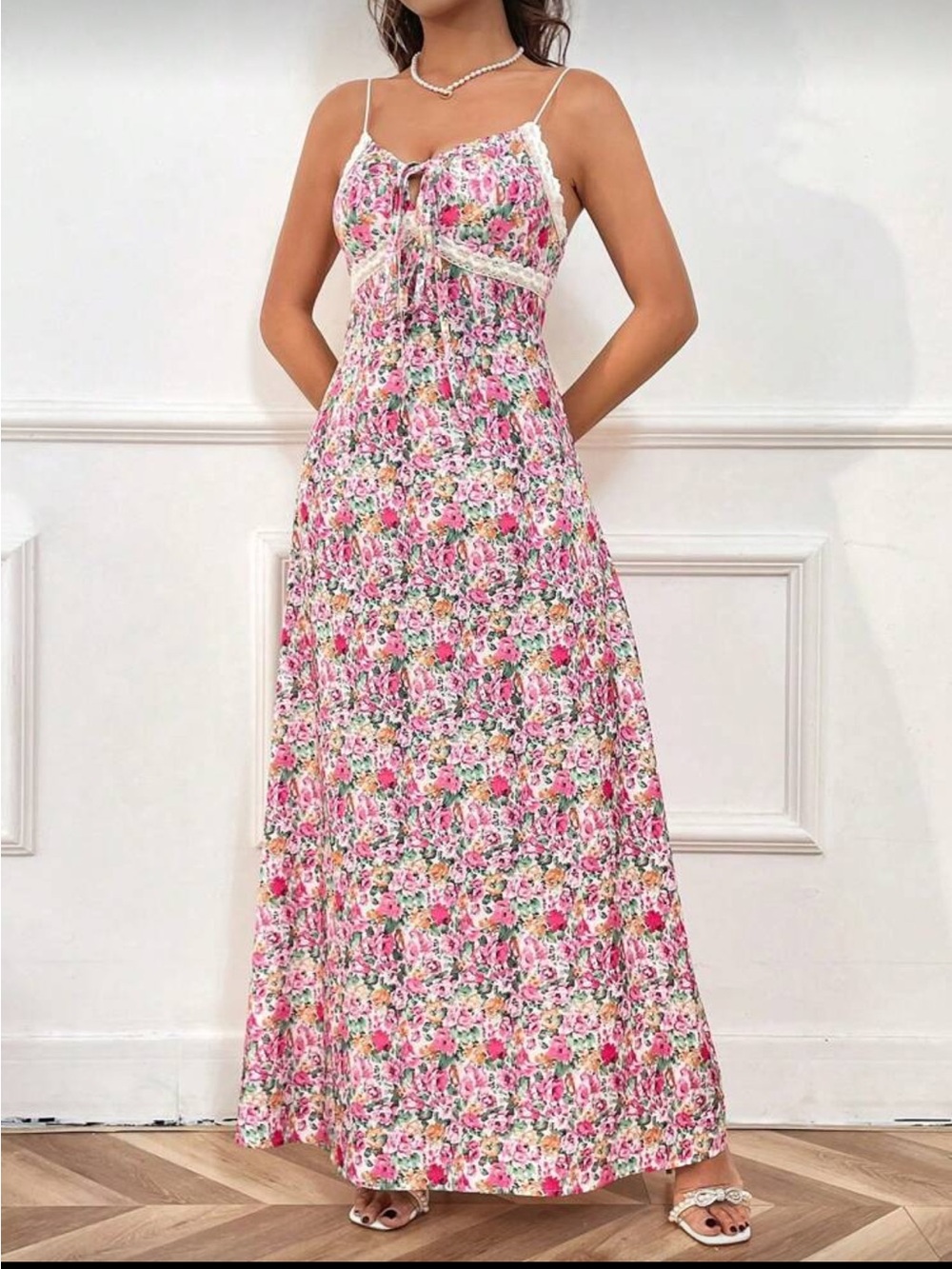 SHEIN Pink Floral Smocked Sundress with Lace Trim